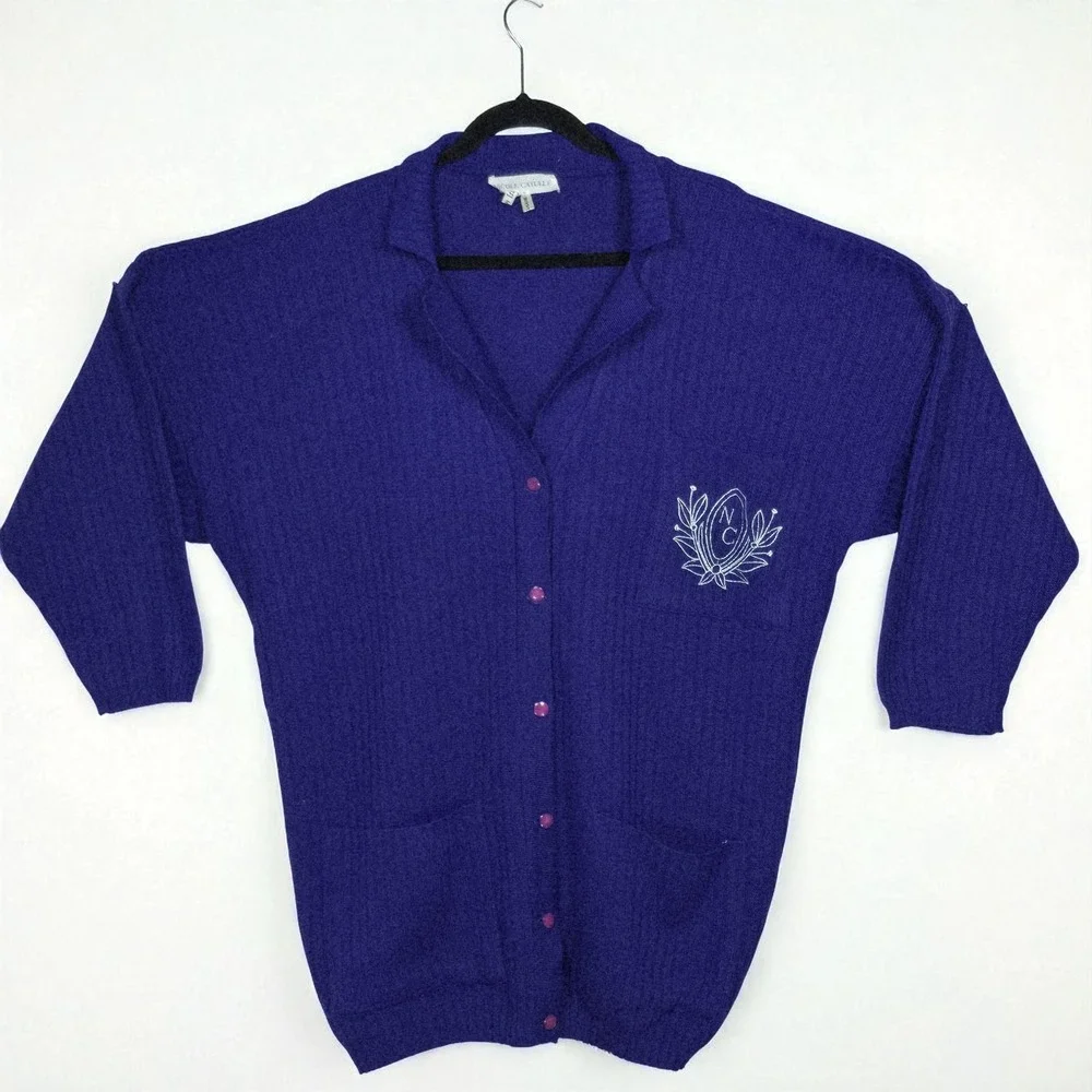 Nicole Catulle Italy Wool Cardigan Embroidered Logo Purple Button Down Woman LRG